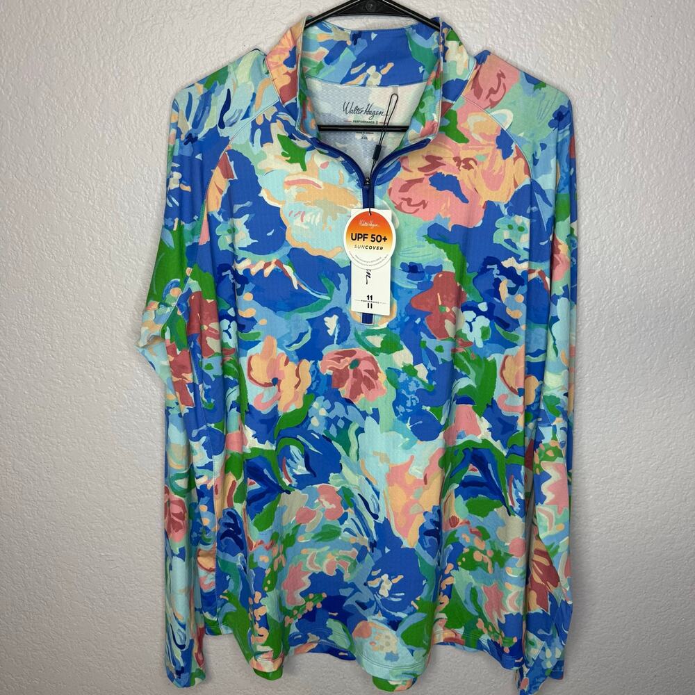 Walter Hagen UPF 50+ Floral Quarter Zip Golf Pullover Women’s XXL NWT Blue